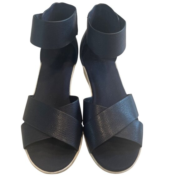 Navy Leather Riviera Wedge Sandals With Ankle Strap Size 7M Comfort Timeless Adj - Picture 2 of 6